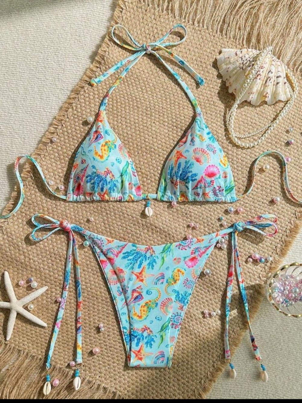 Light Blue Seashell Print Bikini Set